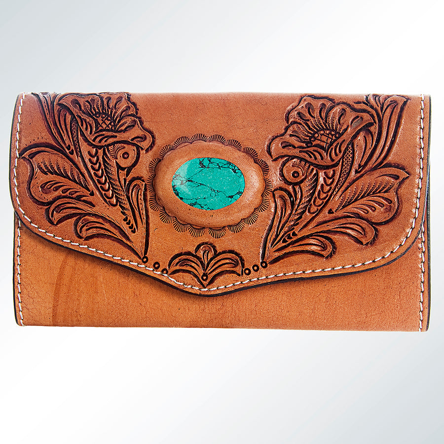American Darling Western Leather Wallet Hand Tooled Floral Carved Turquoise Stone Genuine Vegetable Tanned Leather 4in x 8in