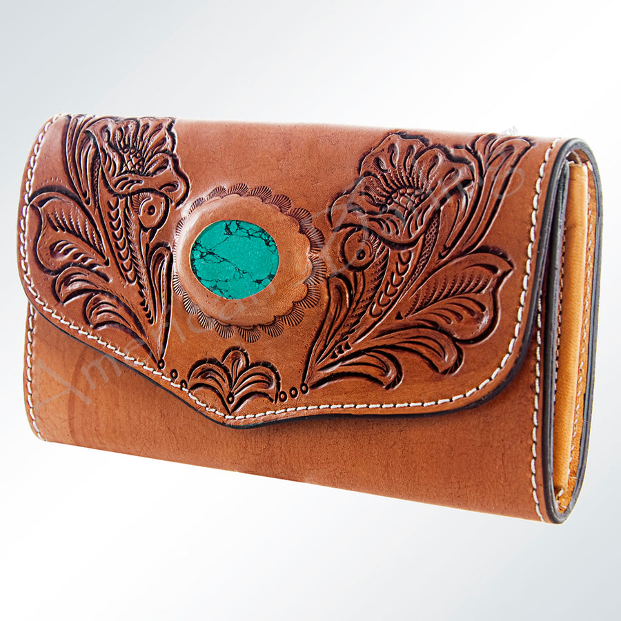 American Darling Hand Tooled Floral Leather Wallet with Turquoise Stone Inlay - Uhorse