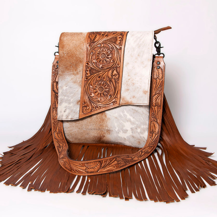 American Darling Messenger Hand Tooled Hair On Genuine Leather Western Women Bag Handbag Purse | Cute - Uhorse
