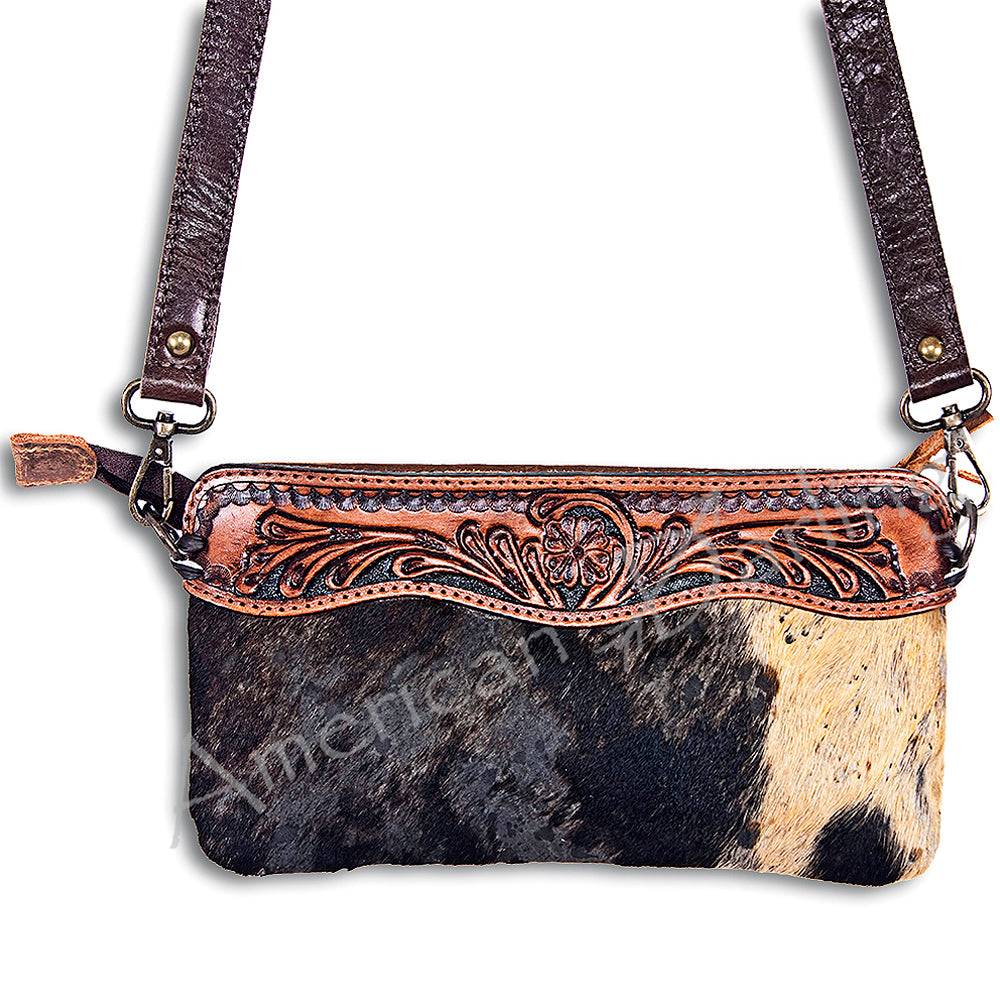 American Darling ADBGS199BRAC2 Small Crossbody Hand Tooled Hair On Genuine Leather Women Bag Western Handbag Purse