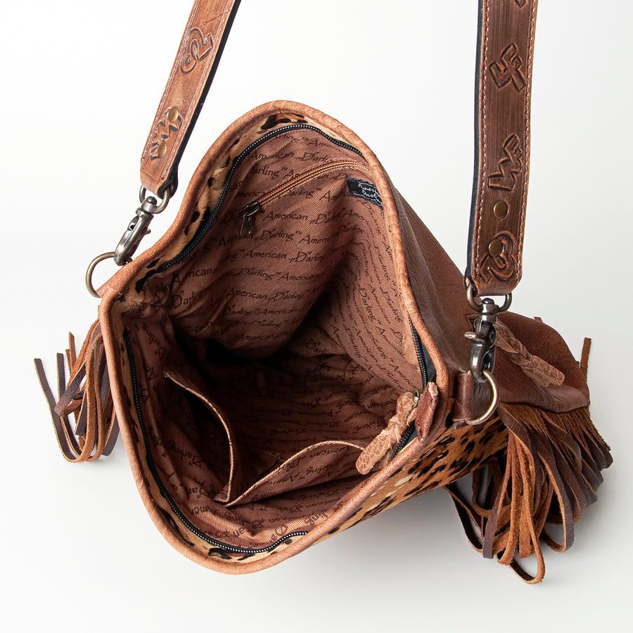 American Darling Large Cross body Bag Handcrafted from Hair-On Cowhide & Hand Tooled Genuine Leather with Fringes