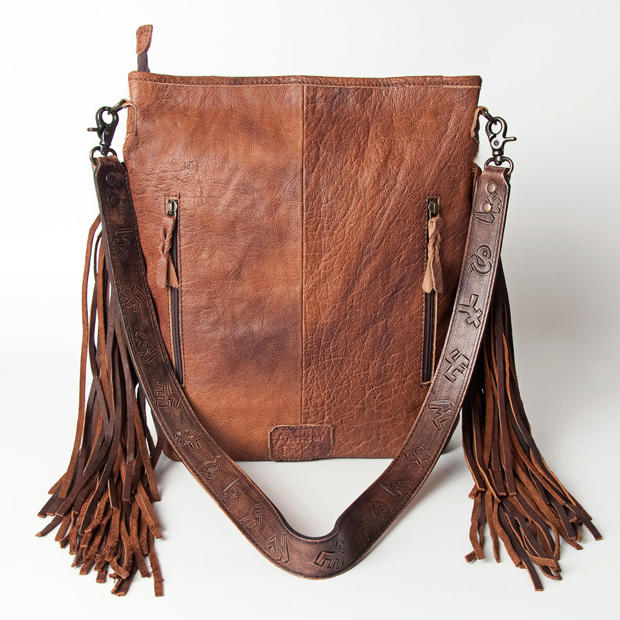American Darling Large Cross body Bag Handcrafted from Hair-On Cowhide & Hand Tooled Genuine Leather with Fringes