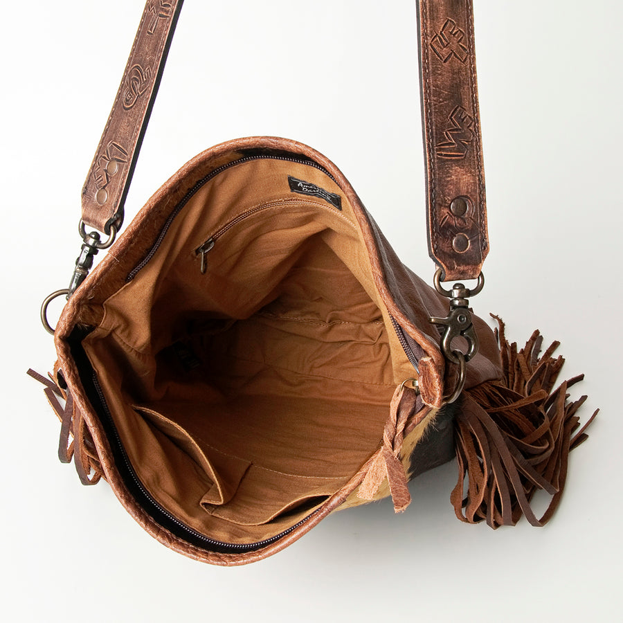 American Darling Large Cross body Bag Handcrafted from Hair-On Cowhide & Hand Tooled Genuine Leather with Fringes