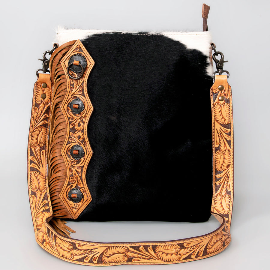 American Darling Chaps Bag Handcrafted from Hand Tooled Leather & Hair-On Cowhide with Concho, Fringes, and YKK Zipper