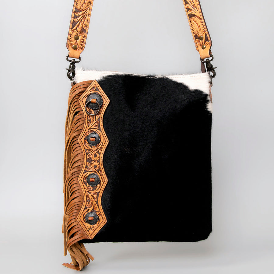 American Darling Chaps Bag Handcrafted from Hand Tooled Leather & Hair-On Cowhide with Concho, Fringes, and YKK Zipper