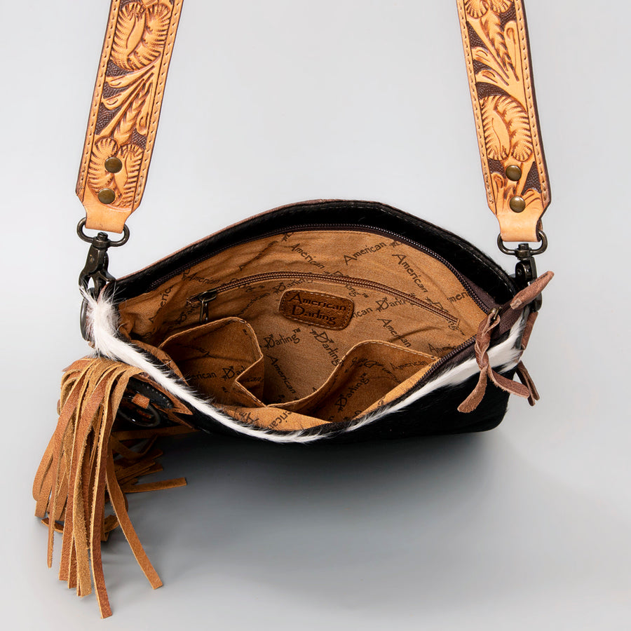 American Darling Chaps Bag Handcrafted from Hand Tooled Leather & Hair-On Cowhide with Concho, Fringes, and YKK Zipper