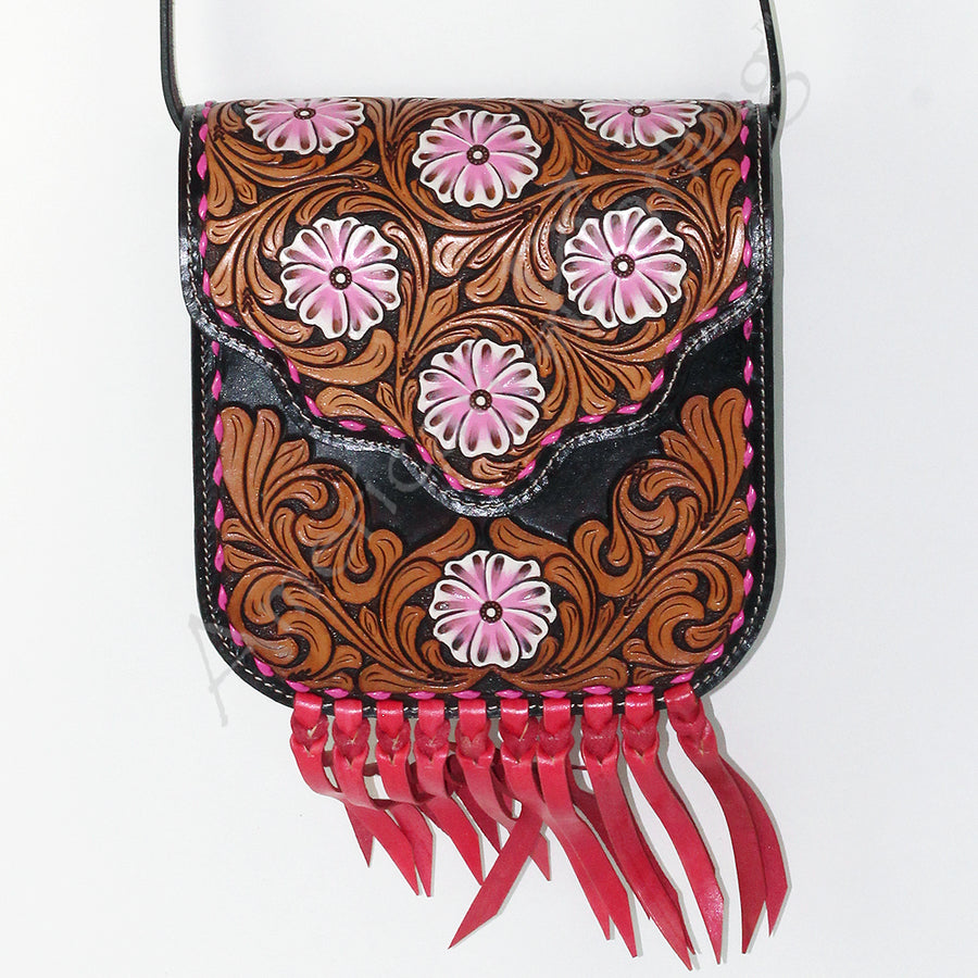 Leather crossbody bag with tooled floral design and fringe - Uhorse