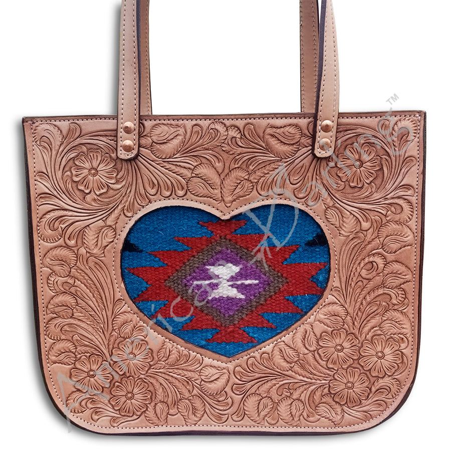 Tan leather tote bag with tooled floral design and heart-shaped serape inlay - Uhorse