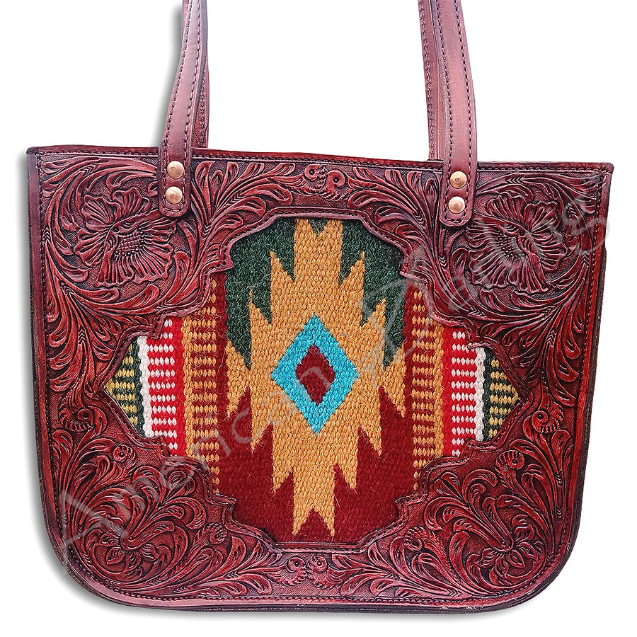 Burgundy leather tote bag with tooled design and geometric tapestry panel - Uhorse