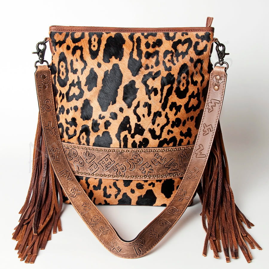 American Darling Large Cross body Bag Handcrafted from Hair-On Cowhide & Hand Tooled Genuine Leather with Fringes