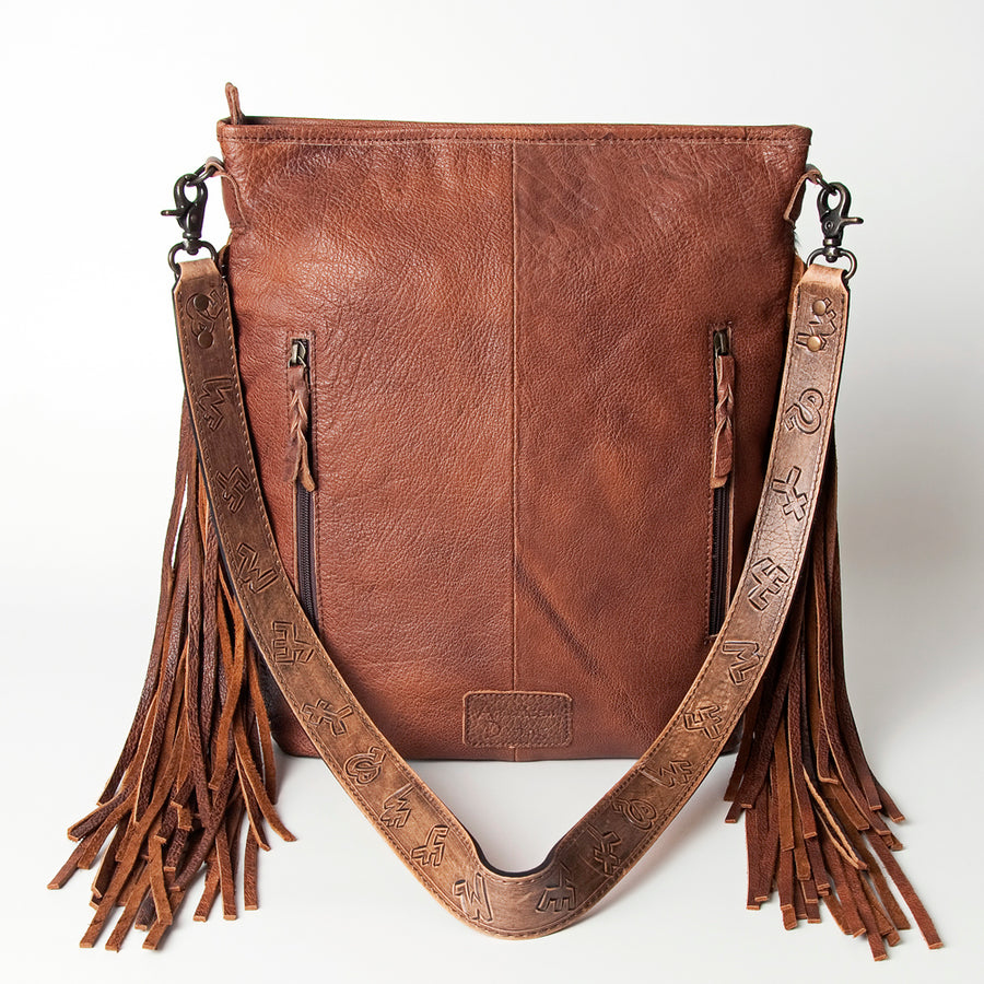 American Darling Large Cross body Bag Handcrafted from Hair-On Cowhide & Hand Tooled Genuine Leather with Fringes