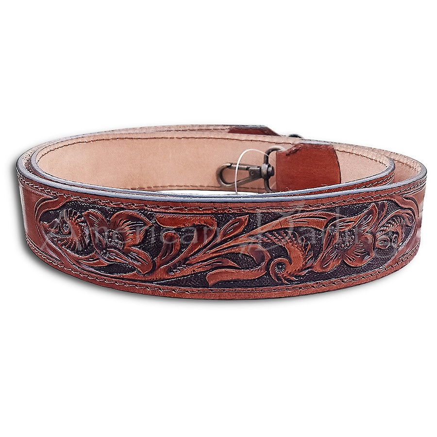 Tooled leather western belt with floral design - Uhorse