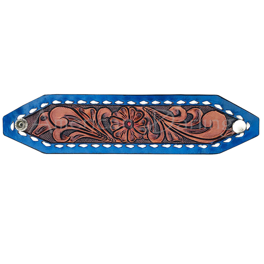 Blue leather wrist cuff with tooled floral design - Uhorse
