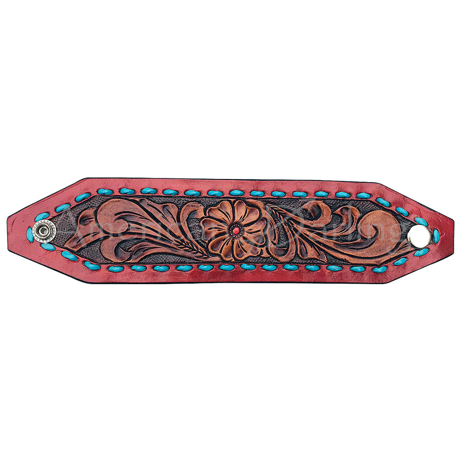 Red leather wrist cuff with tooled floral design and turquoise studs - Uhorse