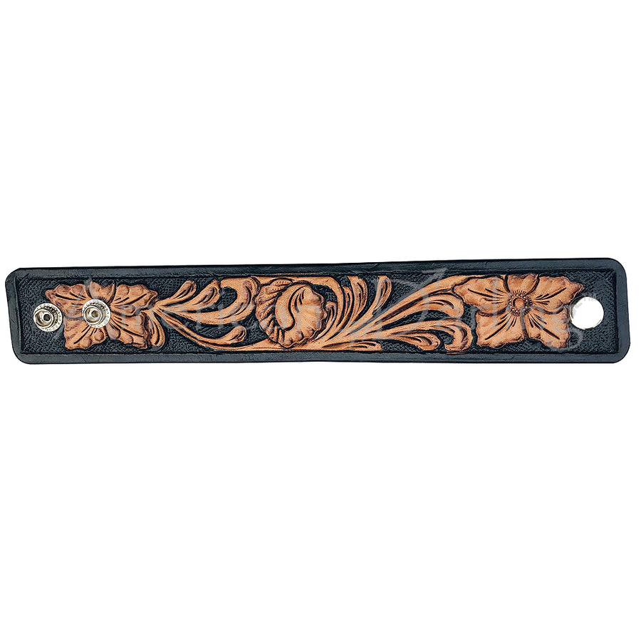 Black leather wrist cuff with tooled floral design - Uhorse