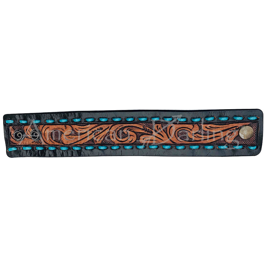 Leather wrist cuff with turquoise studding and tooled design - Uhorse
