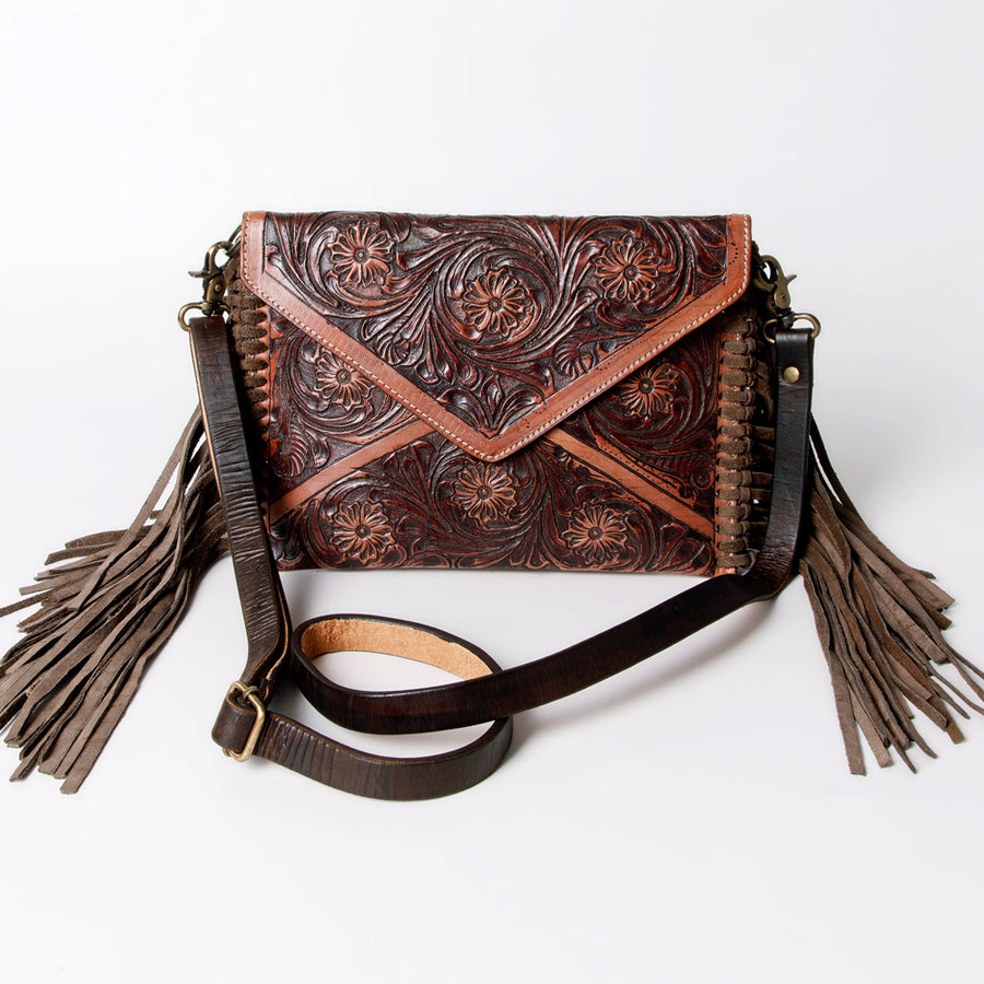 American Darling Envelope Bag Handcrafted from Hand Tooled Floral Leather with Braided Edges, Fringes, and YKK Zipper
