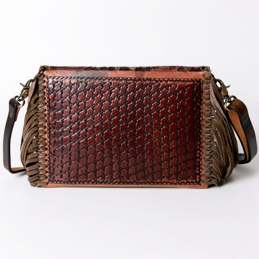 American Darling Envelope Bag Handcrafted from Hand Tooled Floral Leather with Braided Edges, Fringes, and YKK Zipper