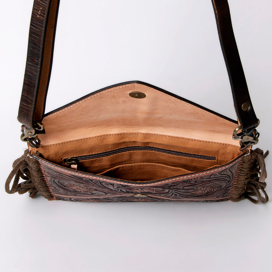American Darling Envelope Bag Handcrafted from Hand Tooled Floral Leather with Braided Edges, Fringes, and YKK Zipper