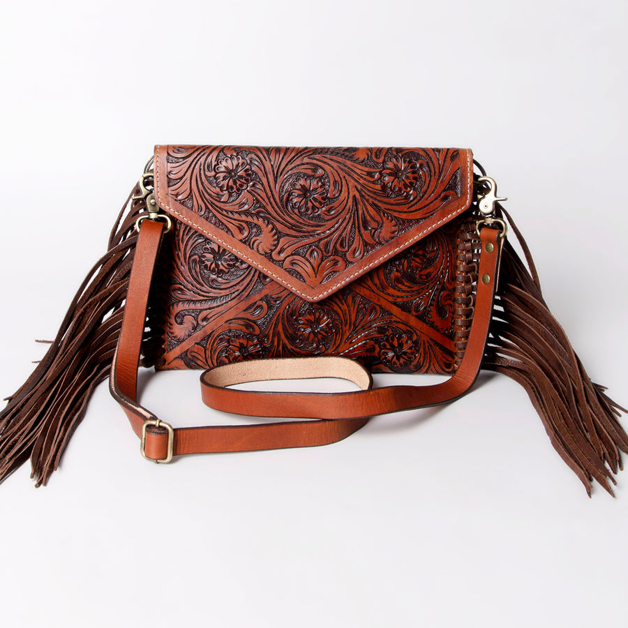 American Darling Envelope Bag Handcrafted from Hand Tooled Floral Leather with Braided Edges, Fringes, and YKK Zipper