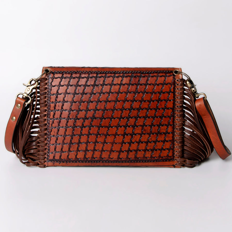 American Darling Envelope Bag Handcrafted from Hand Tooled Floral Leather with Braided Edges, Fringes, and YKK Zipper