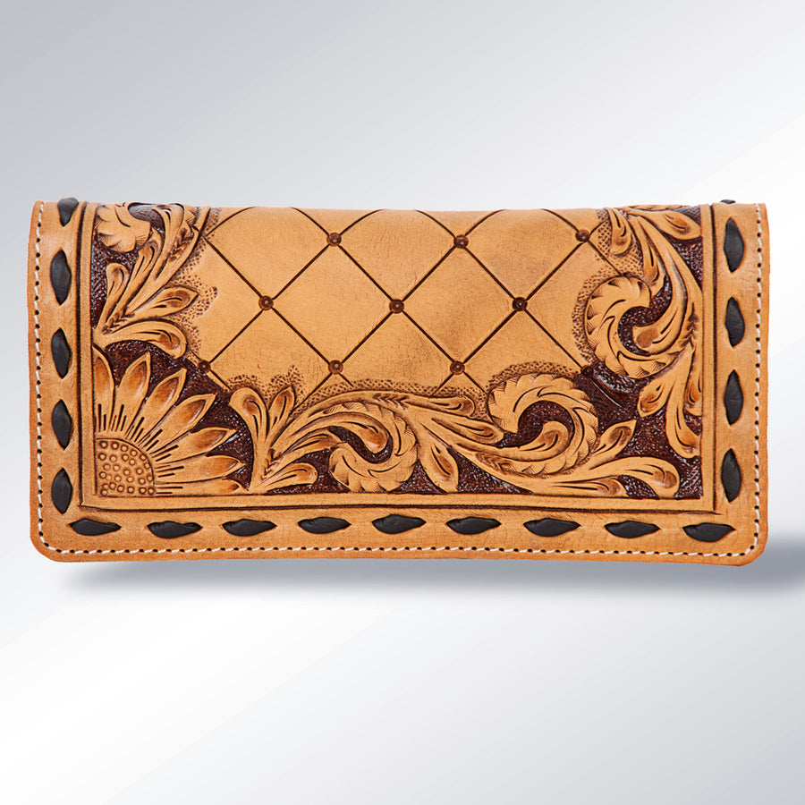 American Darling Western Wallet Bag Hand Tooled Floral Carved Buck Stitched Genuine Vegetable Tanned Leather Purse