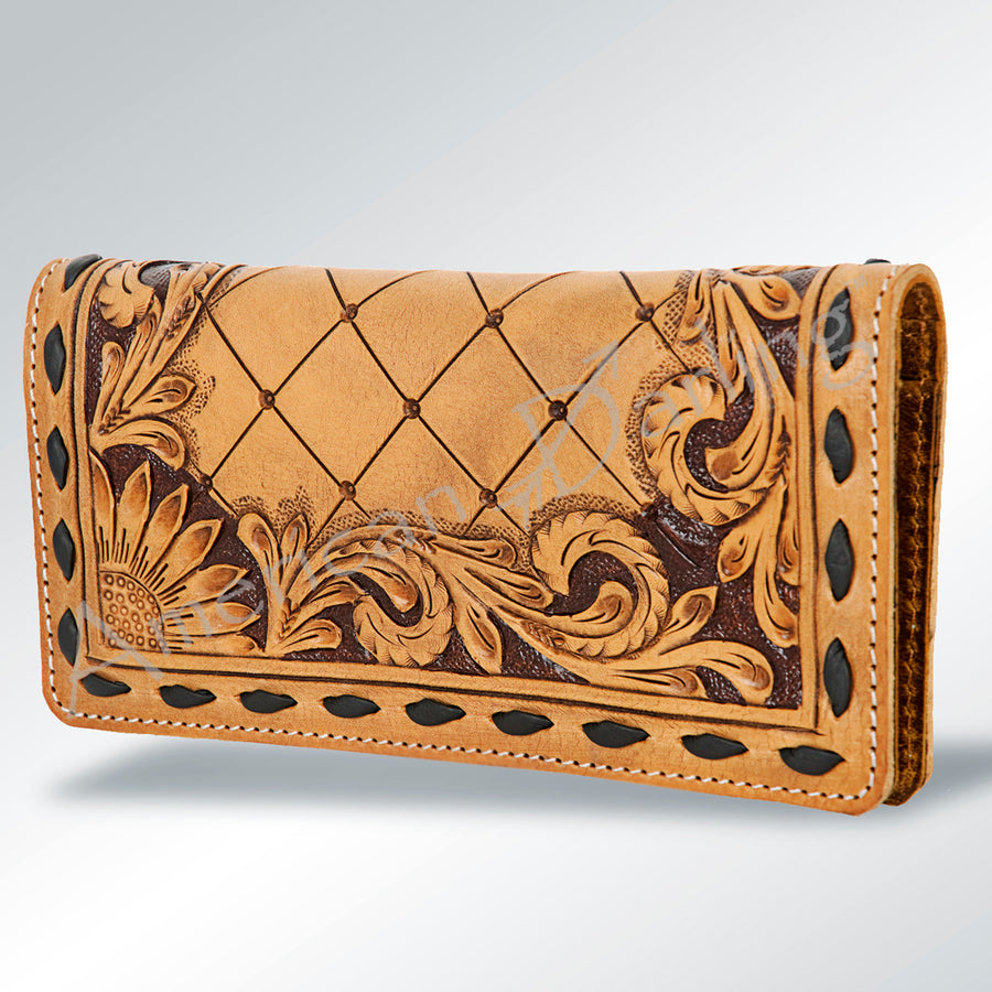 American Darling Hand Tooled Floral Buck Stitched Leather Western Wallet Bag - Uhorse
