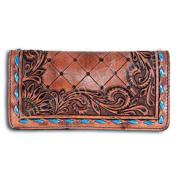Tan leather wallet with tooled floral design and turquoise inlay - Uhorse