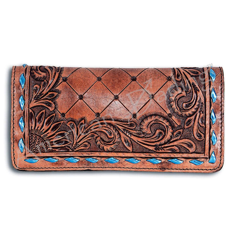 Tan leather wallet with tooled floral design and turquoise inlay - Uhorse