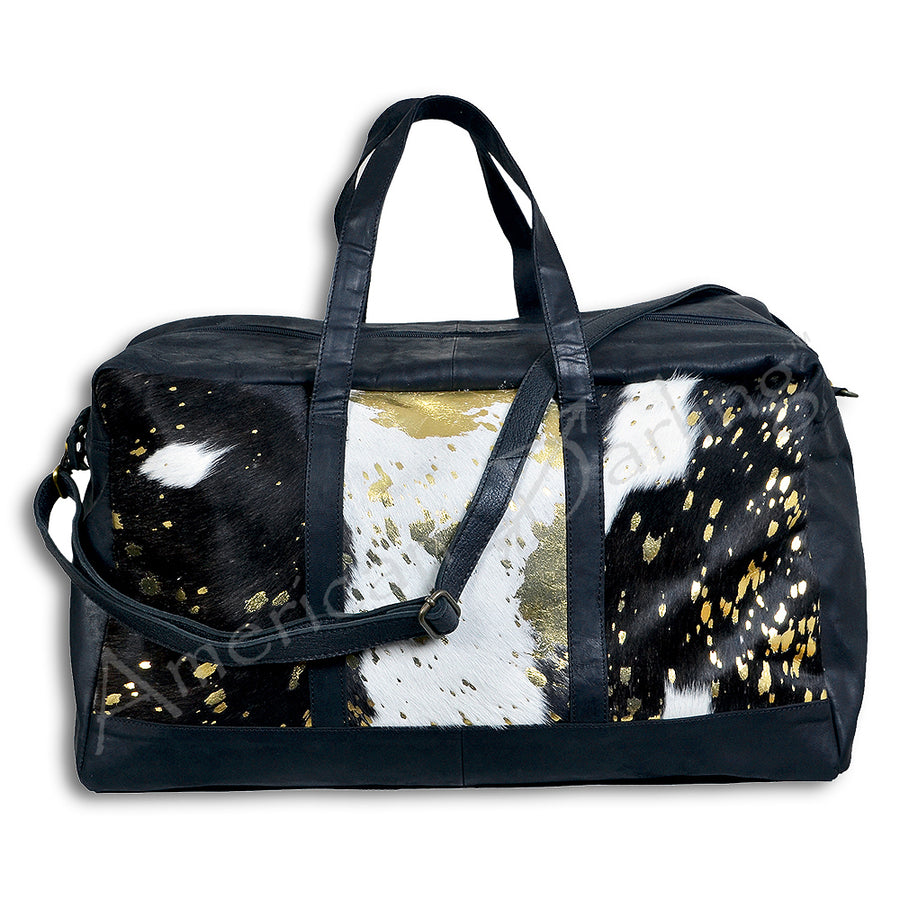 Black and white cowhide leather duffel bag with gold accents - Hilason