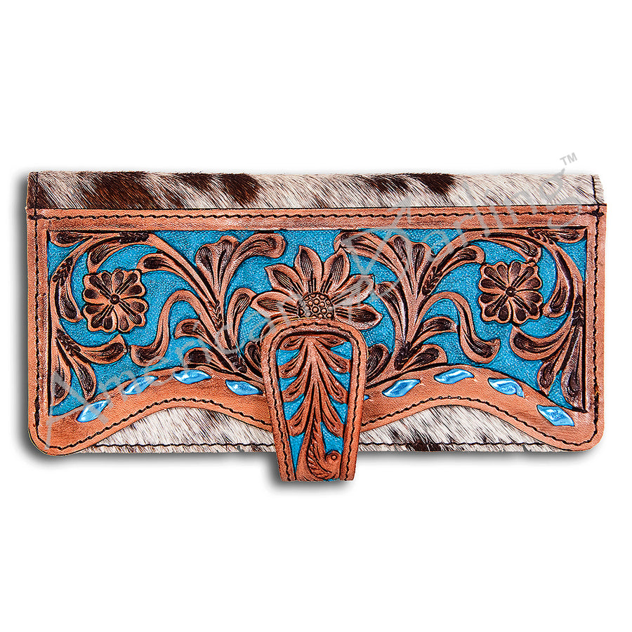 Leather wallet with tooled floral design and hair-on-hide trim - Uhorse