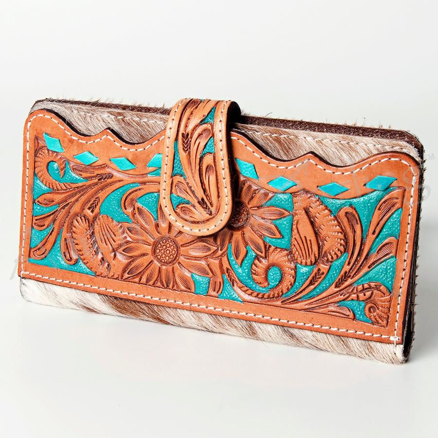 American Darling Hand Tooled Floral and Hair-On Cowhide Western Wallet Bag - Uhorse