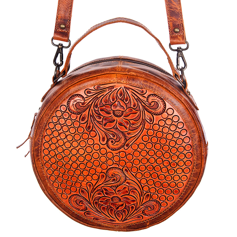 American Darling Western Canteen Bag Hand Tooled Floral Carved Genuine Vegetable Tanned Leather Round Crossbody Purse