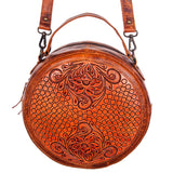 American Darling Western Canteen Bag Hand Tooled Floral Carved Genuine Vegetable Tanned Leather Round Crossbody Purse