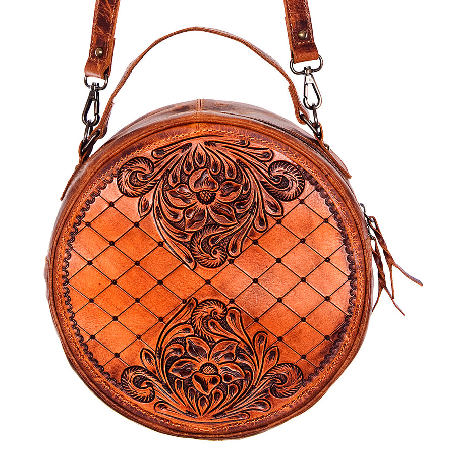 American Darling Western Canteen Bag Hand Tooled Floral Carved Genuine Vegetable Tanned Leather Round Crossbody Purse