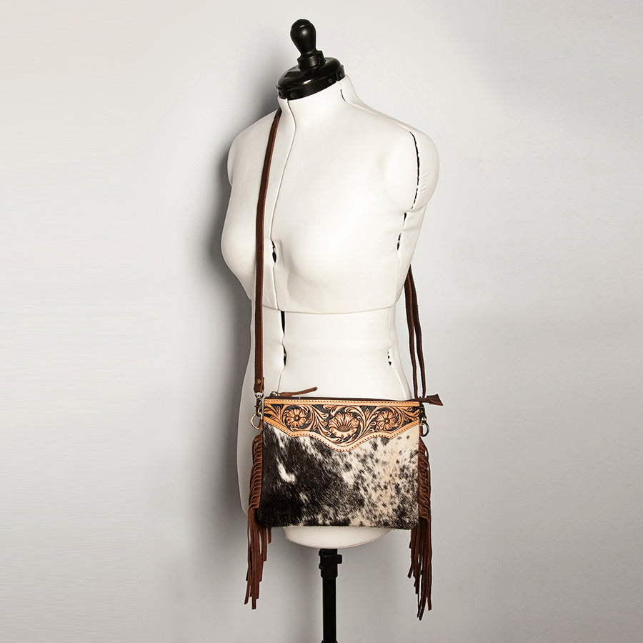 American Darling Small Cross body Bag Handcrafted from Hand Tooled Floral Leather & Hair-On Cowhide with Fringes & YKK Zipper