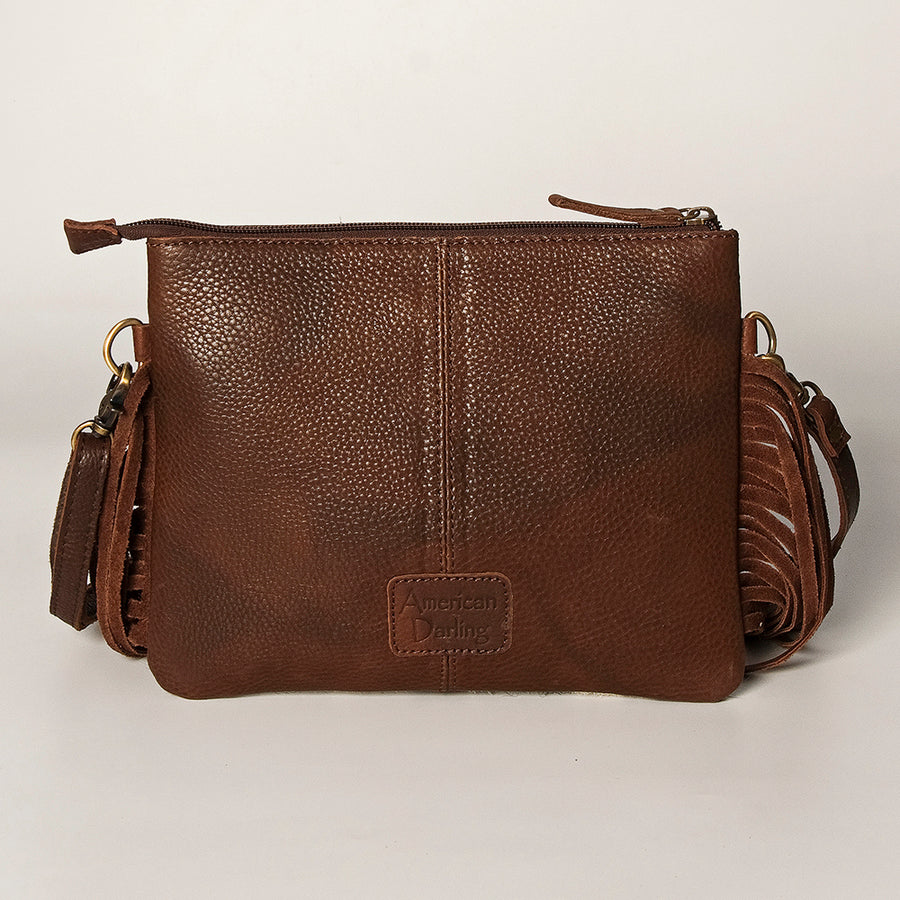American Darling Small Cross body Bag Handcrafted from Hand Tooled Floral Leather & Hair-On Cowhide with Fringes & YKK Zipper