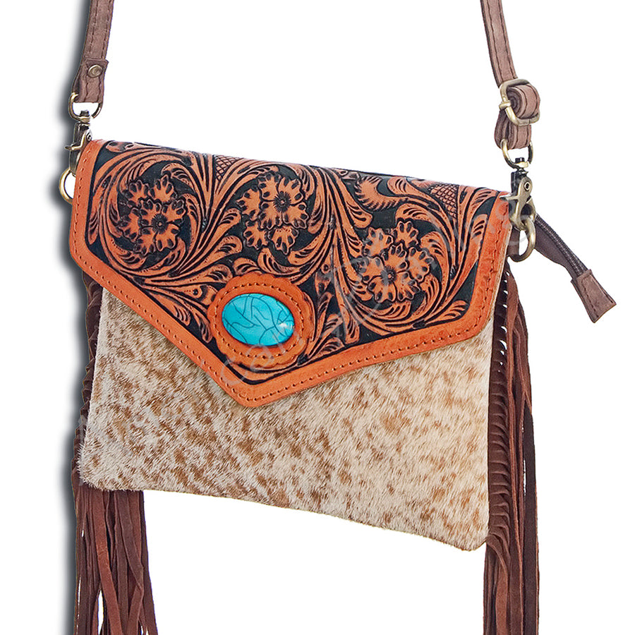 American Darling Envelope Bag for Women, Hand Tooled Floral Leather, Hair-on Cowhide with Turquoise Stone and Fringes