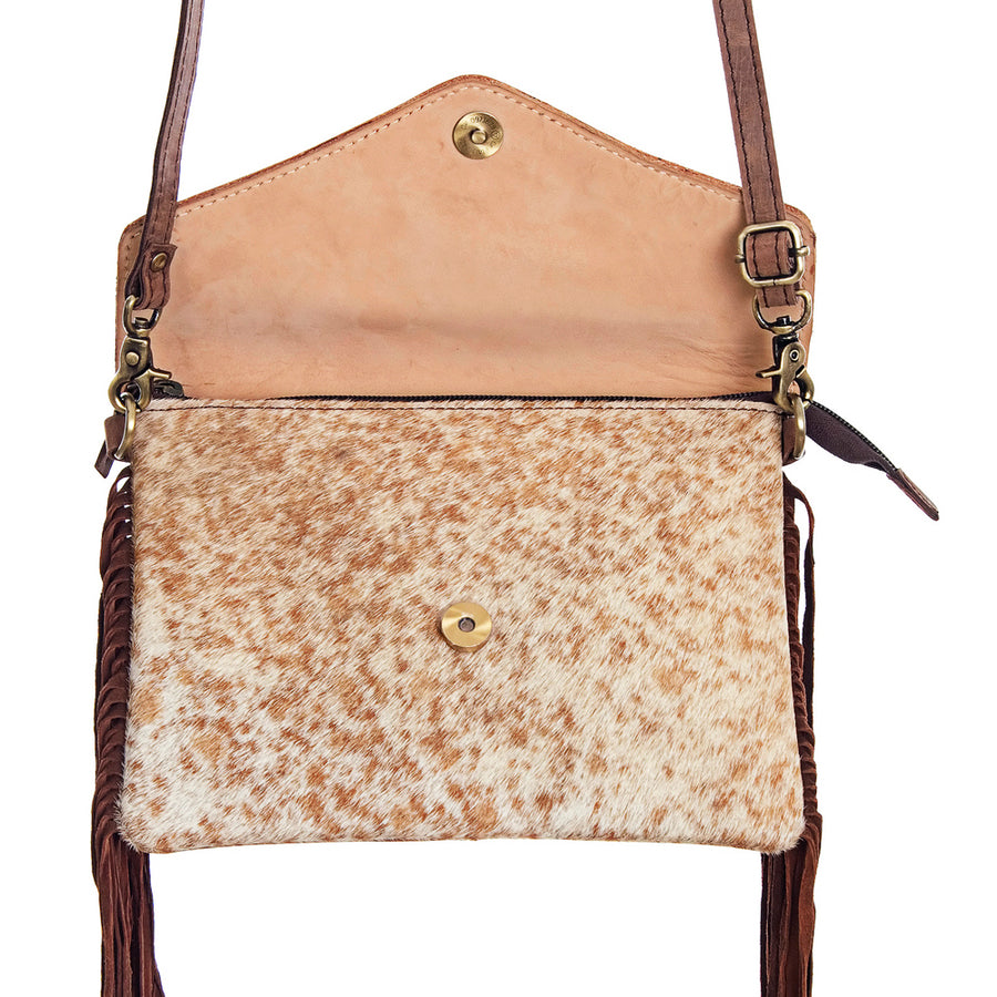 American Darling Envelope Bag for Women, Hand Tooled Floral Leather, Hair-on Cowhide with Turquoise Stone and Fringes