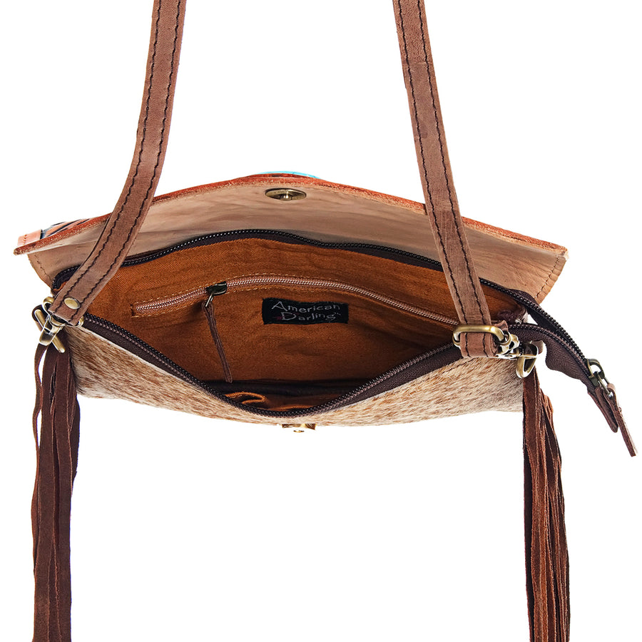 American Darling Envelope Bag for Women, Hand Tooled Floral Leather, Hair-on Cowhide with Turquoise Stone and Fringes