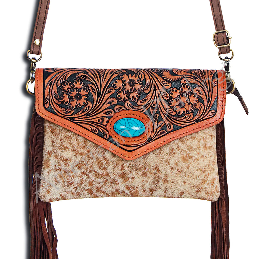American Darling Western Hand Tooled Floral Envelope - Turquoise Stone and Cowhide - Hilason