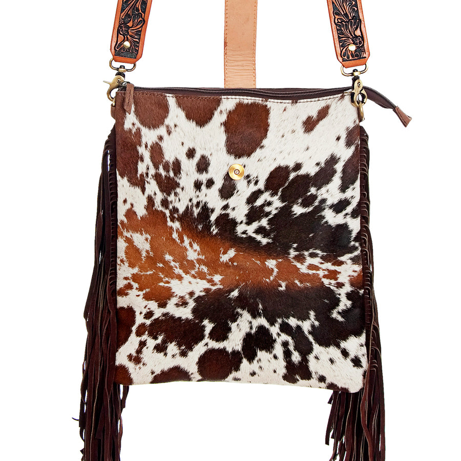 American Darling Large Cross body Bag for Women, Hand Tooled Floral Leather, Hair-on Cowhide with Turquoise & Fringes
