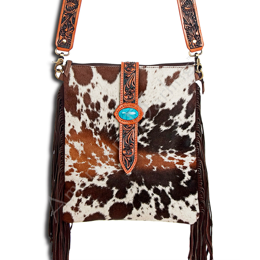 American Darling Western Large Cross body Bag - Hand Tooled Floral Leather and Hair-on Cowhide - Hilason