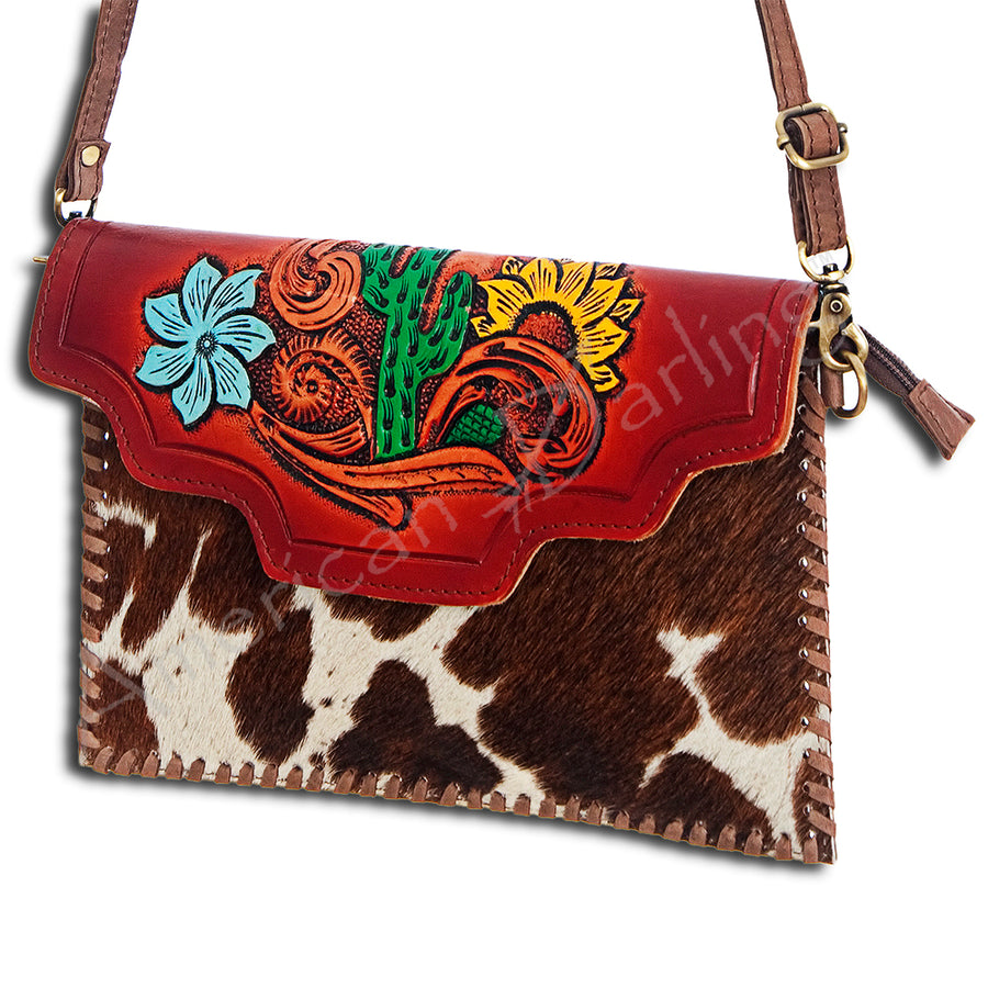 American Darling Western Envelope Bag, Hand Tooled Floral Carved Leather & Hair-On Cowhide Crossbody, 7in (H) X 12in (W)
