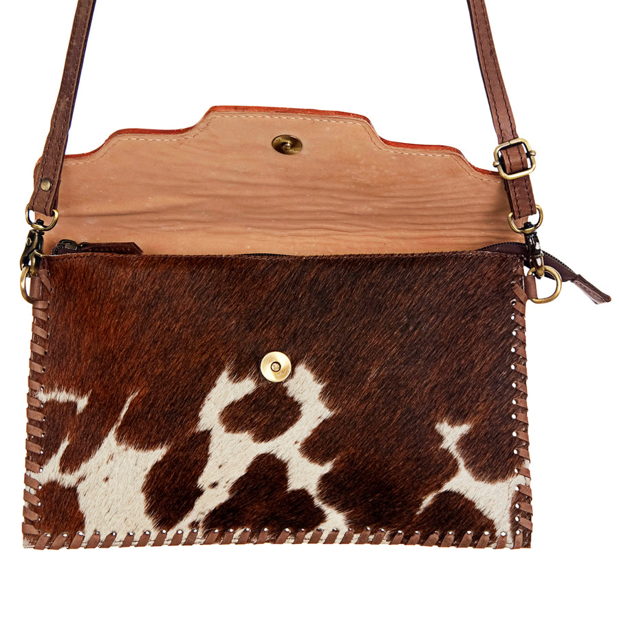 American Darling Western Envelope Bag, Hand Tooled Floral Carved Leather & Hair-On Cowhide Crossbody, 7in (H) X 12in (W)