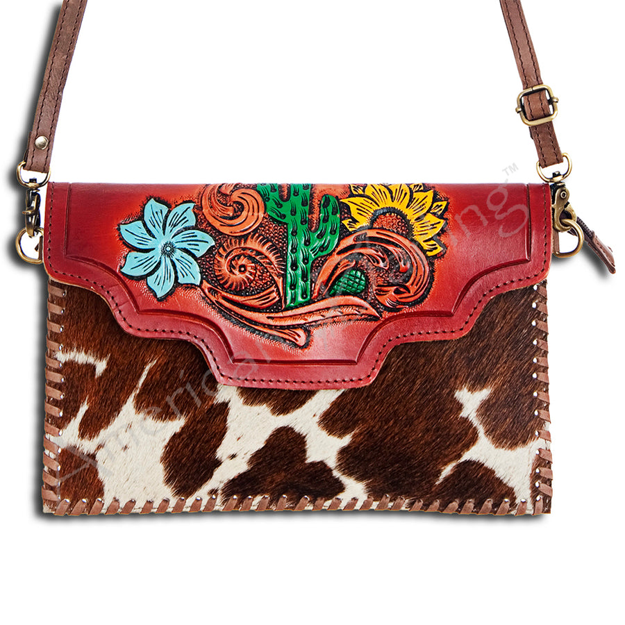 American Darling Hand Tooled Floral and Hair-On Cowhide Leather Envelope Crossbody - Hilason