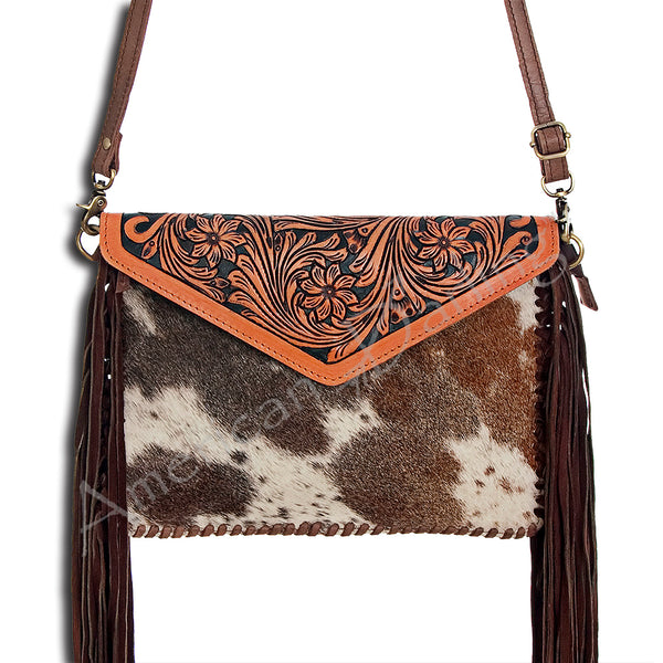 American Darling Hand Tooled Floral and Cowhide Leather Envelope with Fringes - Uhorse