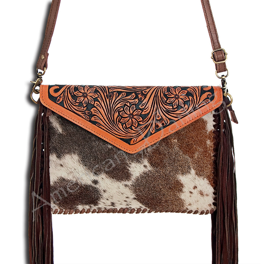 American Darling Hand Tooled Floral and Cowhide Leather Envelope with Fringes - Uhorse