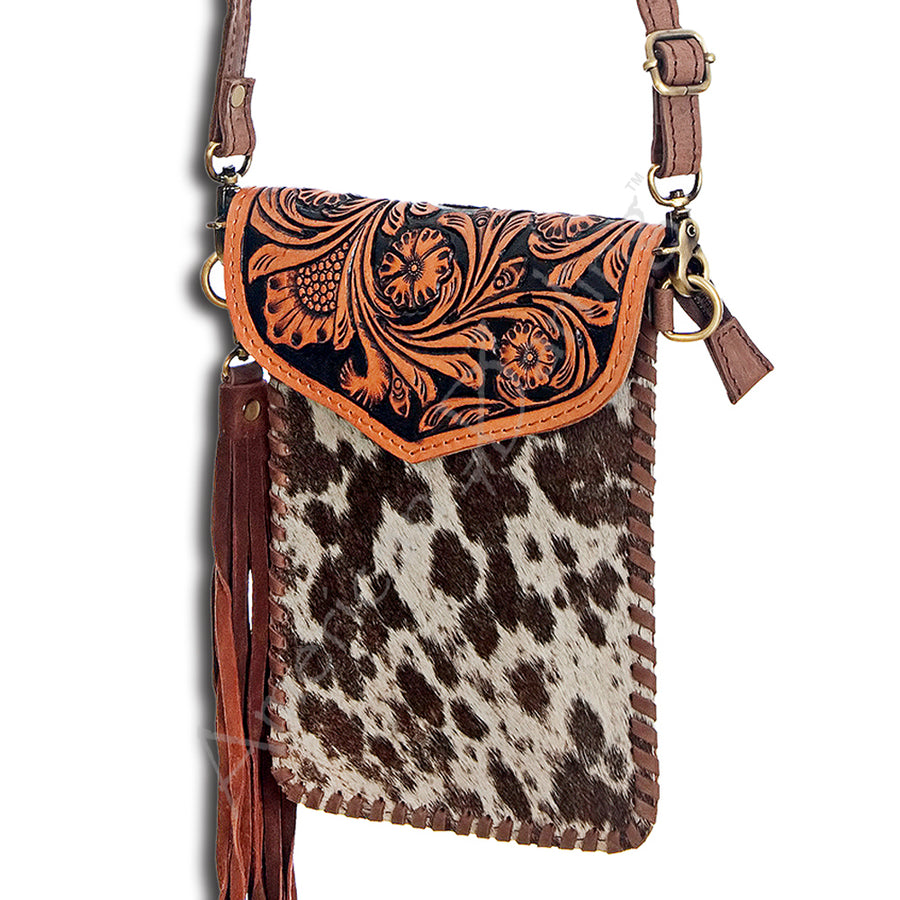 American Darling Messenger Bag, Hand Tooled Floral Leather & Hair-On Cowhide Crossbody with Fringes, 8in (H) X 6in (W)