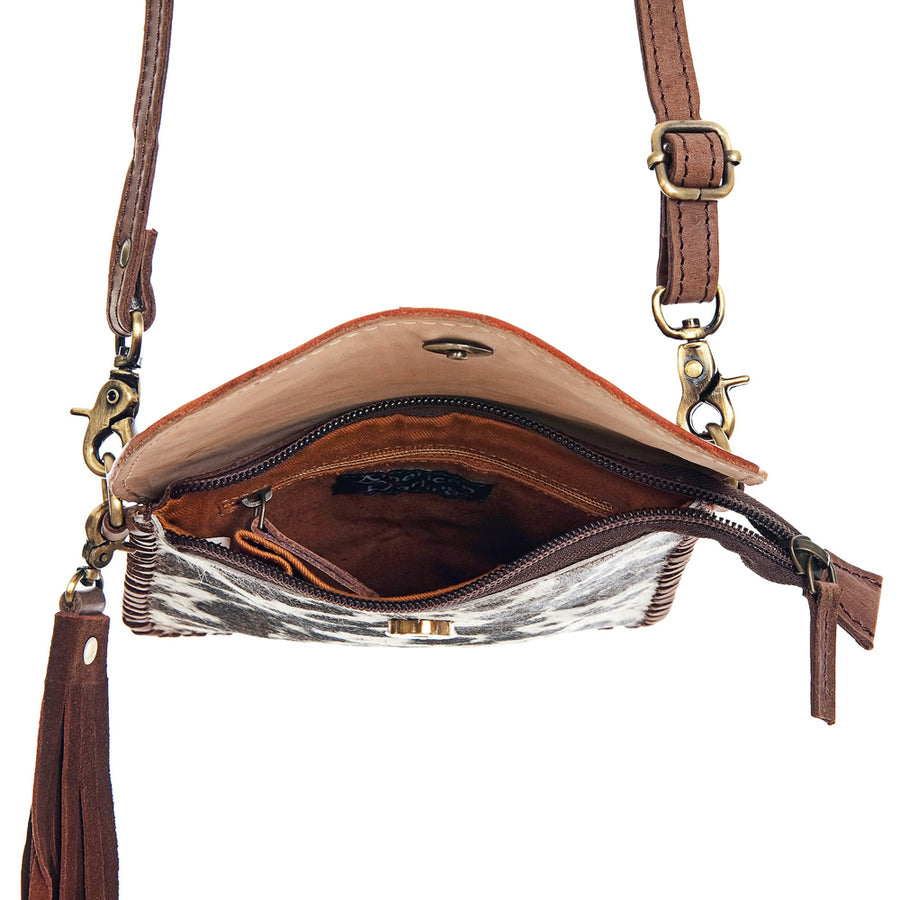 American Darling Messenger Bag, Hand Tooled Floral Leather & Hair-On Cowhide Crossbody with Fringes, 8in (H) X 6in (W)
